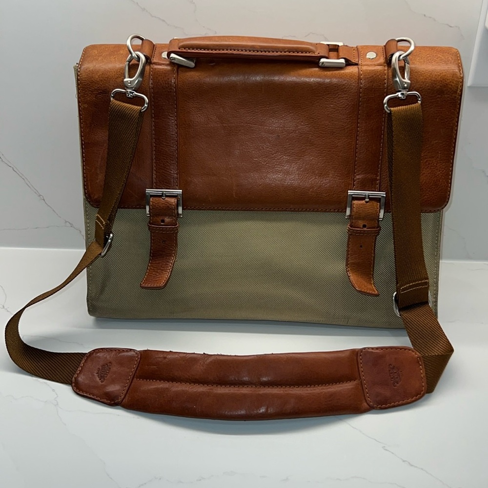 Bosca VTG Ballistic Khaki Nylon Camel Leather Attache Brief Case crossbody Bag